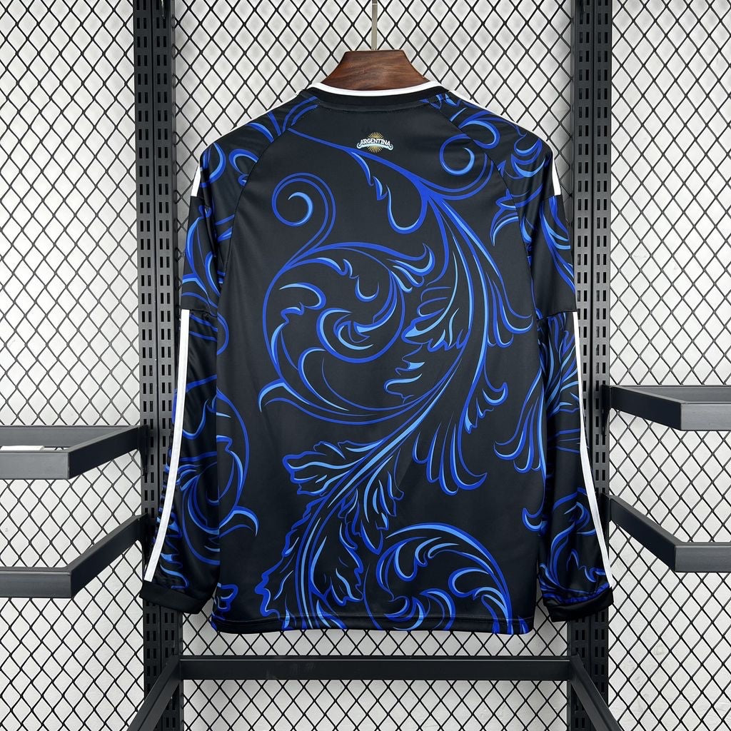 Leazofoot Argentina 2026 long-sleeve away jersey in black with blue floral patterns and white side stripes
