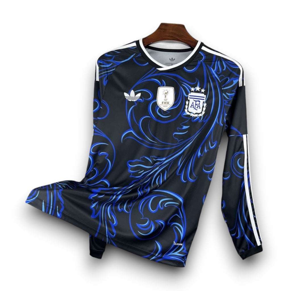 Leazofoot Argentina 2026 long sleeve away jersey in black with blue floral patterns and FIFA world champion badge