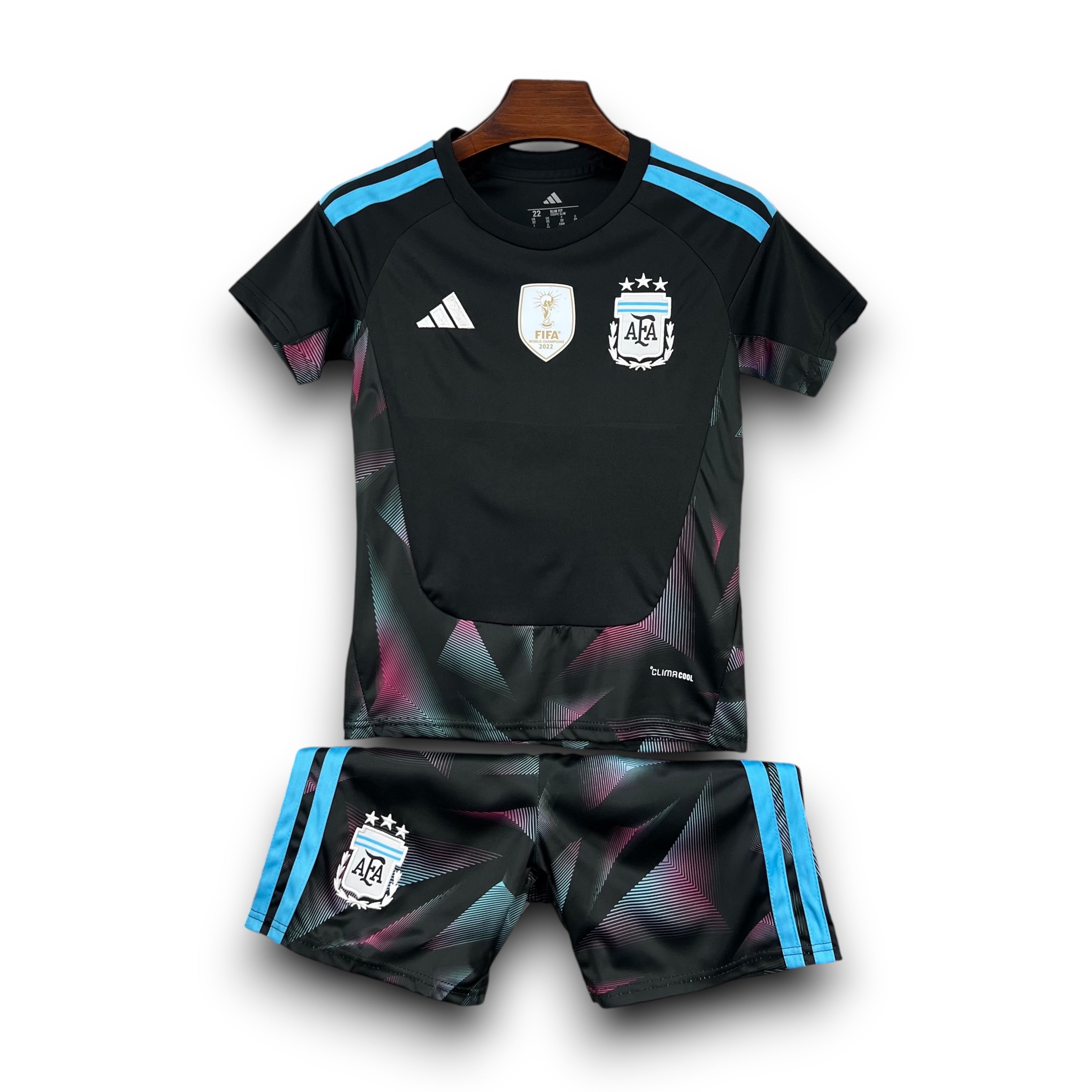 Leazofoot black and blue Argentina goalkeeper kit for kids, featuring a graphic print and FIFA badge.