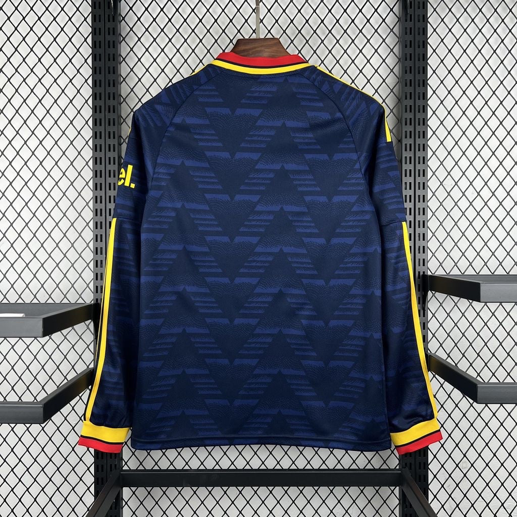 Leazofoot Arsenal 26/27 long-sleeve away jersey in navy blue with yellow and red trim and geometric pattern