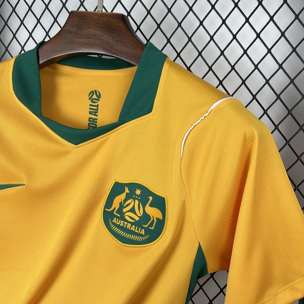 Leazofoot Australia home soccer jersey 2026, yellow with green trim and crest.