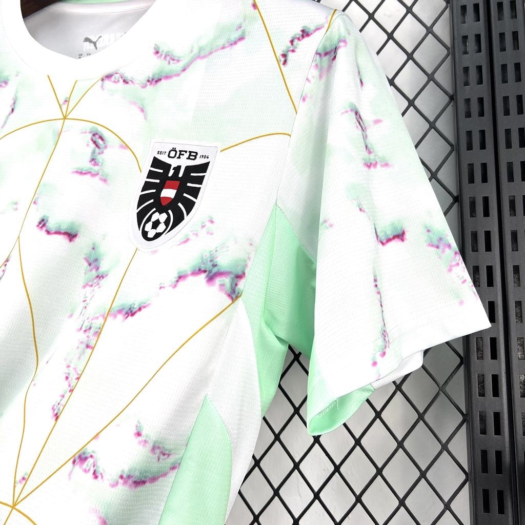 Leazofoot Austria 2026 away soccer jersey in white with mint green accents and abstract marble-like graphic pattern.