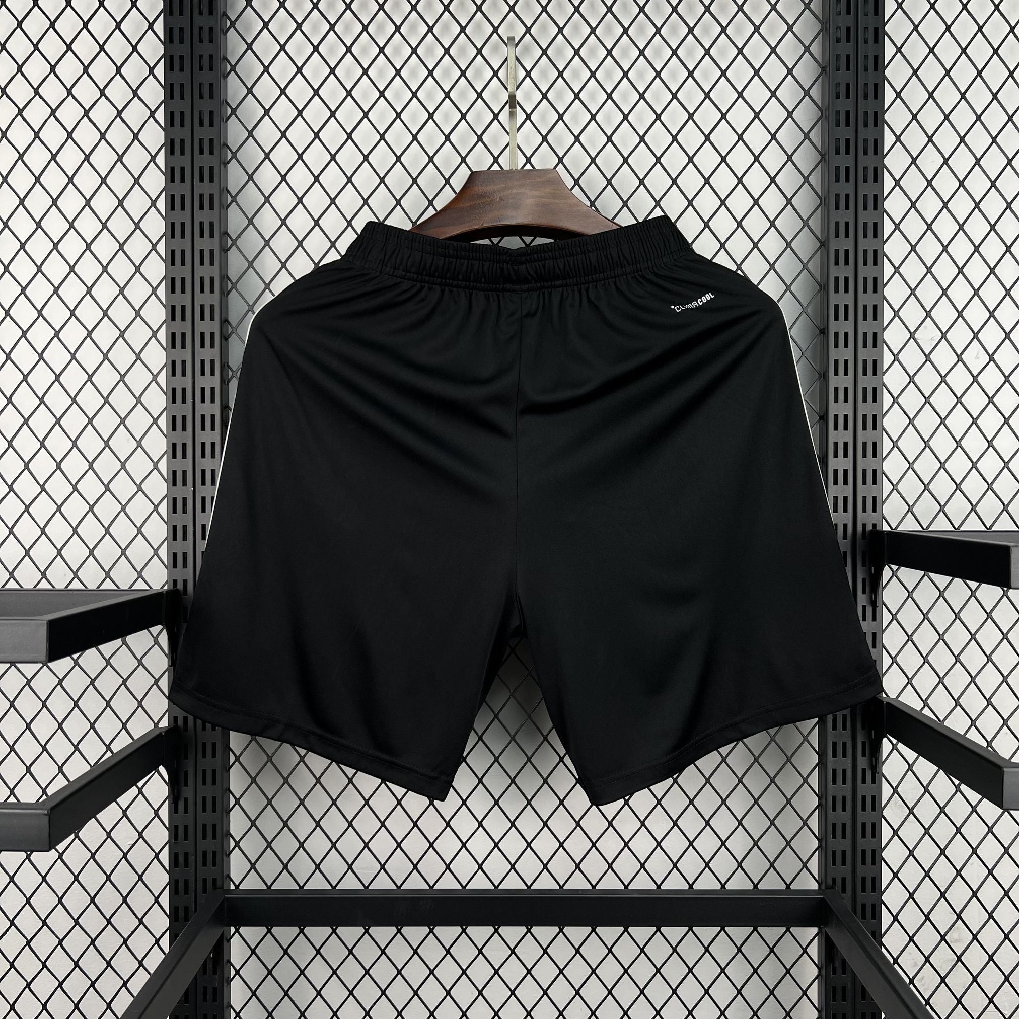 Leazofoot black athletic shorts with white side stripes and "ClimaCool" logo.
