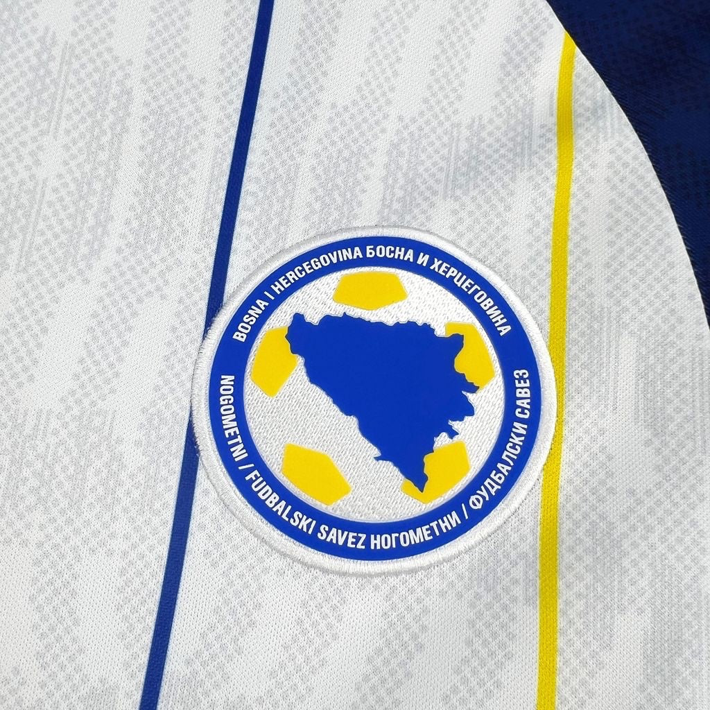 Leazofoot Bosnia and Herzegovina 2026 away football jersey, white with blue and yellow accents, featuring the national crest.