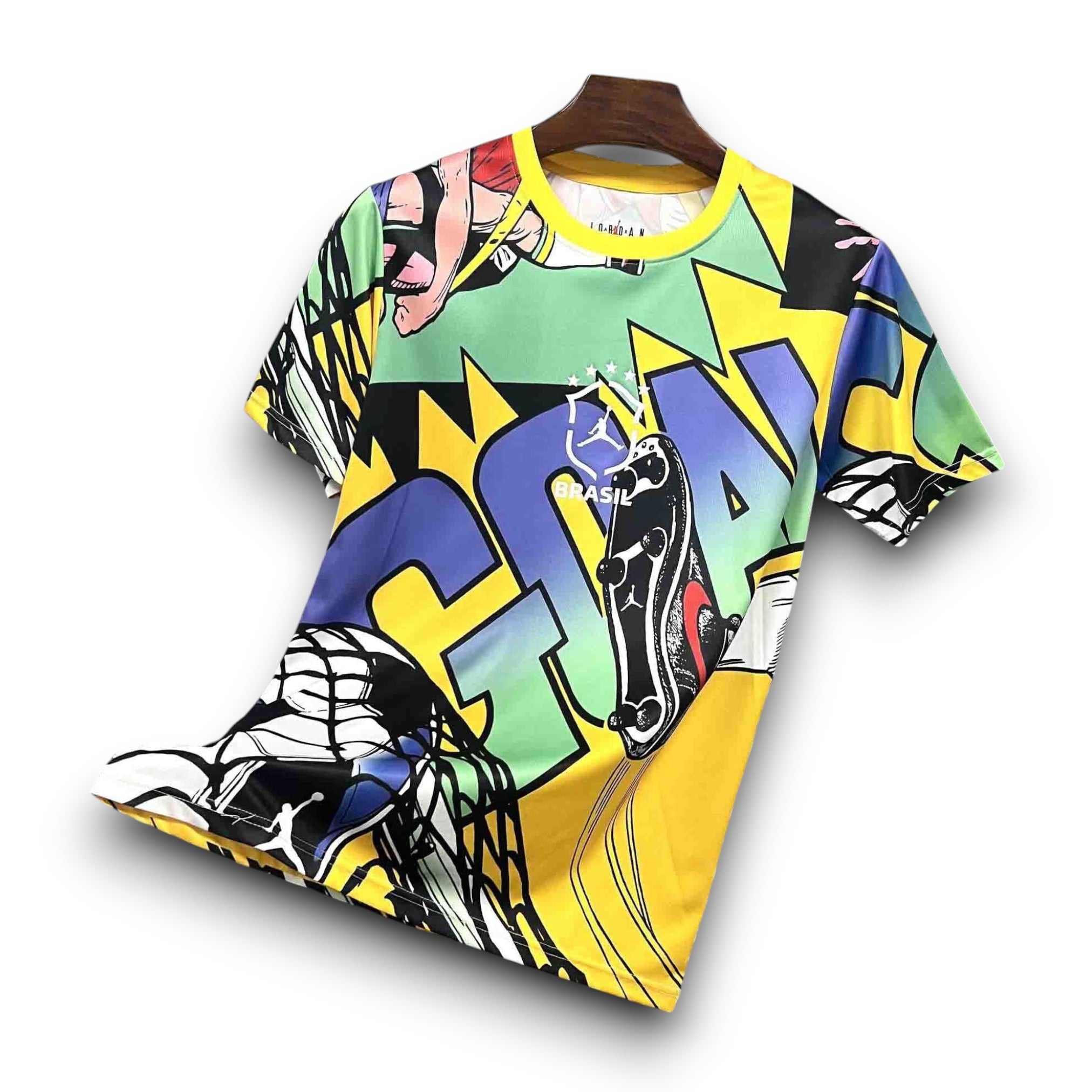 Leazofoot Brasil 2026 concept jersey featuring vibrant yellow, green, and blue comic-style graphic print