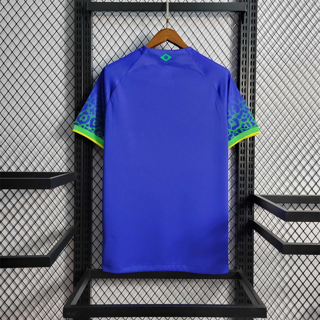 Leazofoot Brazil 2022 away soccer jersey in blue with green and yellow leopard print sleeve details