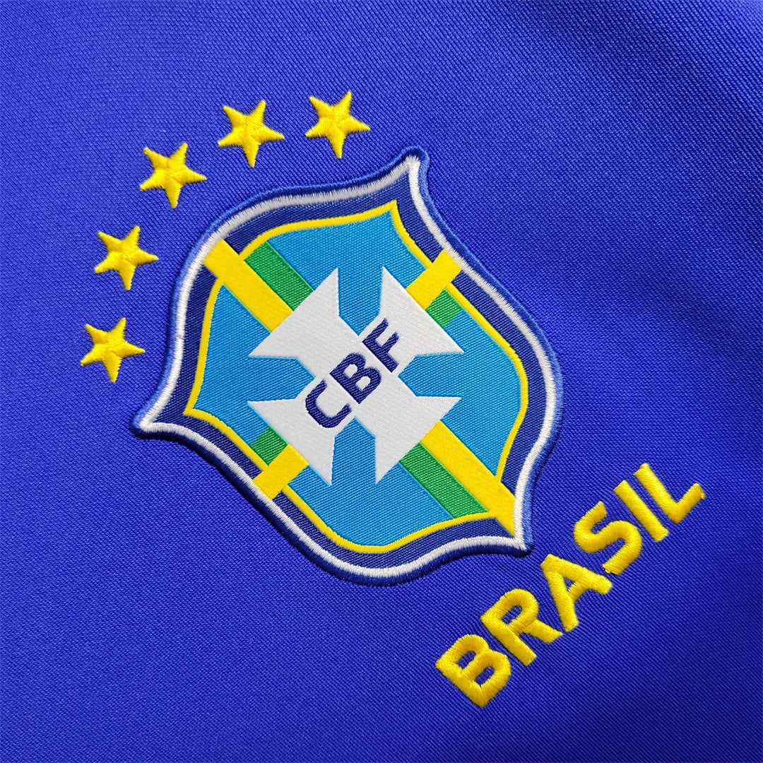 Leazofoot Brazil 2022 away jersey featuring embroidered CBF crest and five gold stars on a blue fabric background.