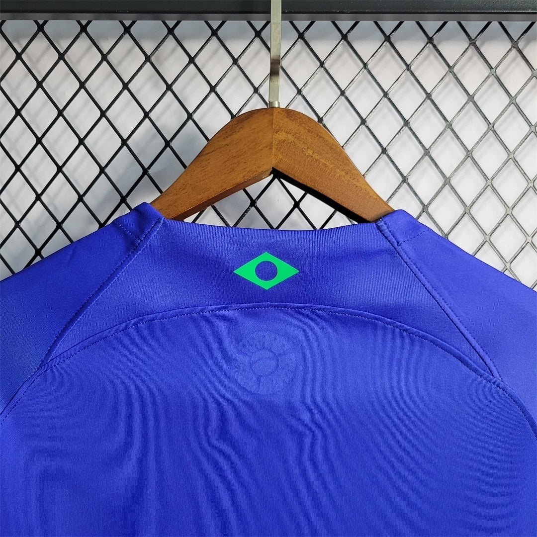 Leazofoot 2022 Brazil away football jersey in blue with a green diamond logo detail on the back collar.