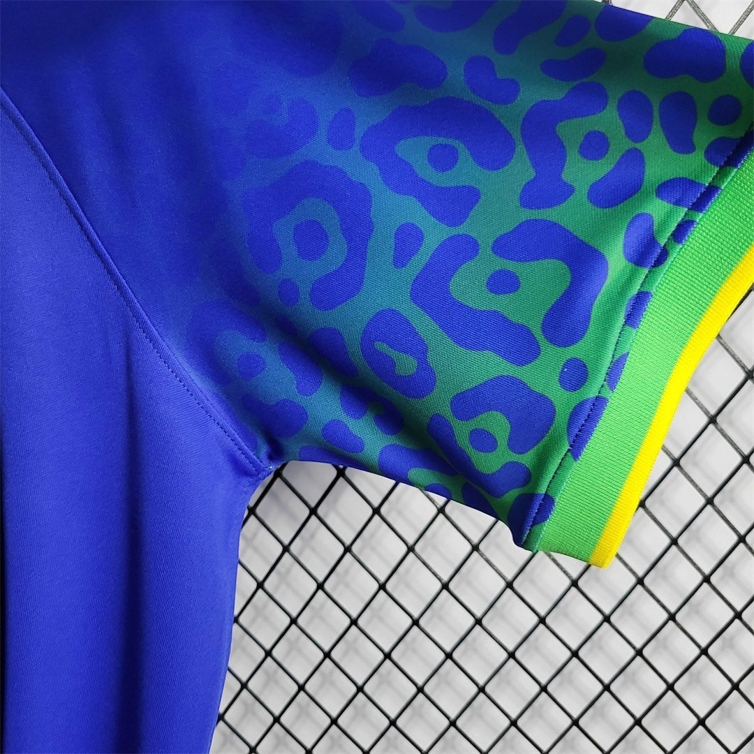 Leazofoot Brazil 2022 away soccer jersey sleeve featuring blue and green leopard print with yellow trim detail.