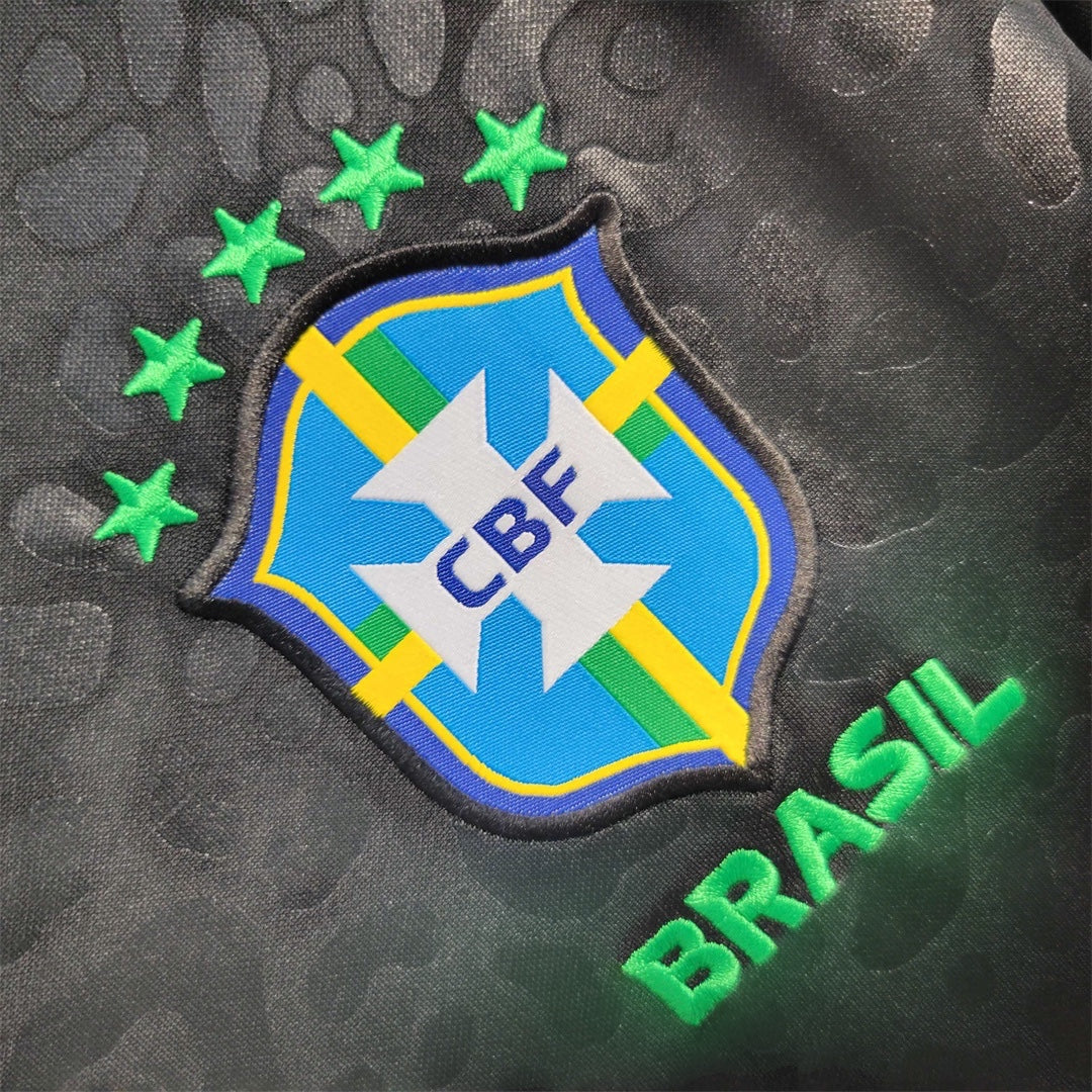 Leazofoot Brazil 2023 concept soccer jersey featuring the CBF crest with five green stars on a black patterned fabric.
