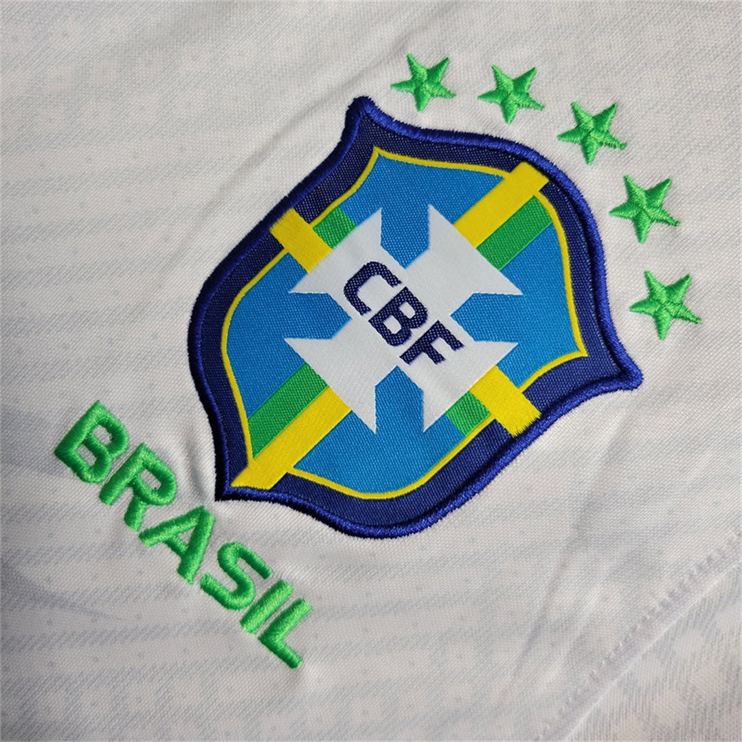 Leazofoot Brazil 2024 concept jersey featuring an embroidered CBF crest and five green stars on white fabric.