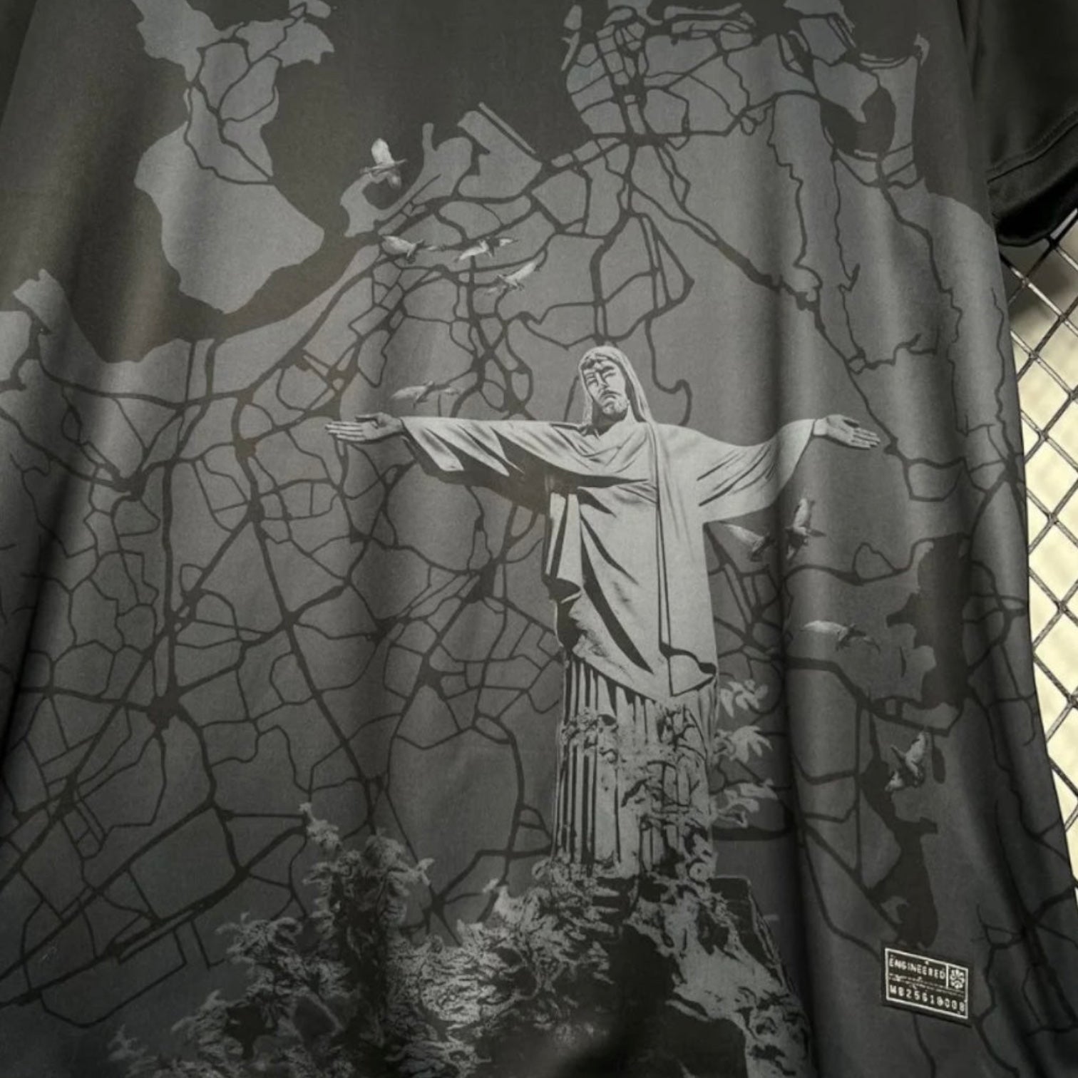 Leazofoot Brazil 2024 concept soccer jersey in black featuring a Christ the Redeemer graphic and map print design.