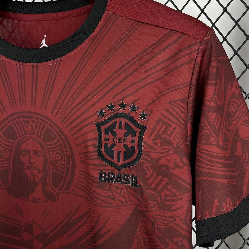 Leazofoot Brazil 2024 concept soccer jersey in maroon with black trim, featuring a Christ the Redeemer graphic print.
