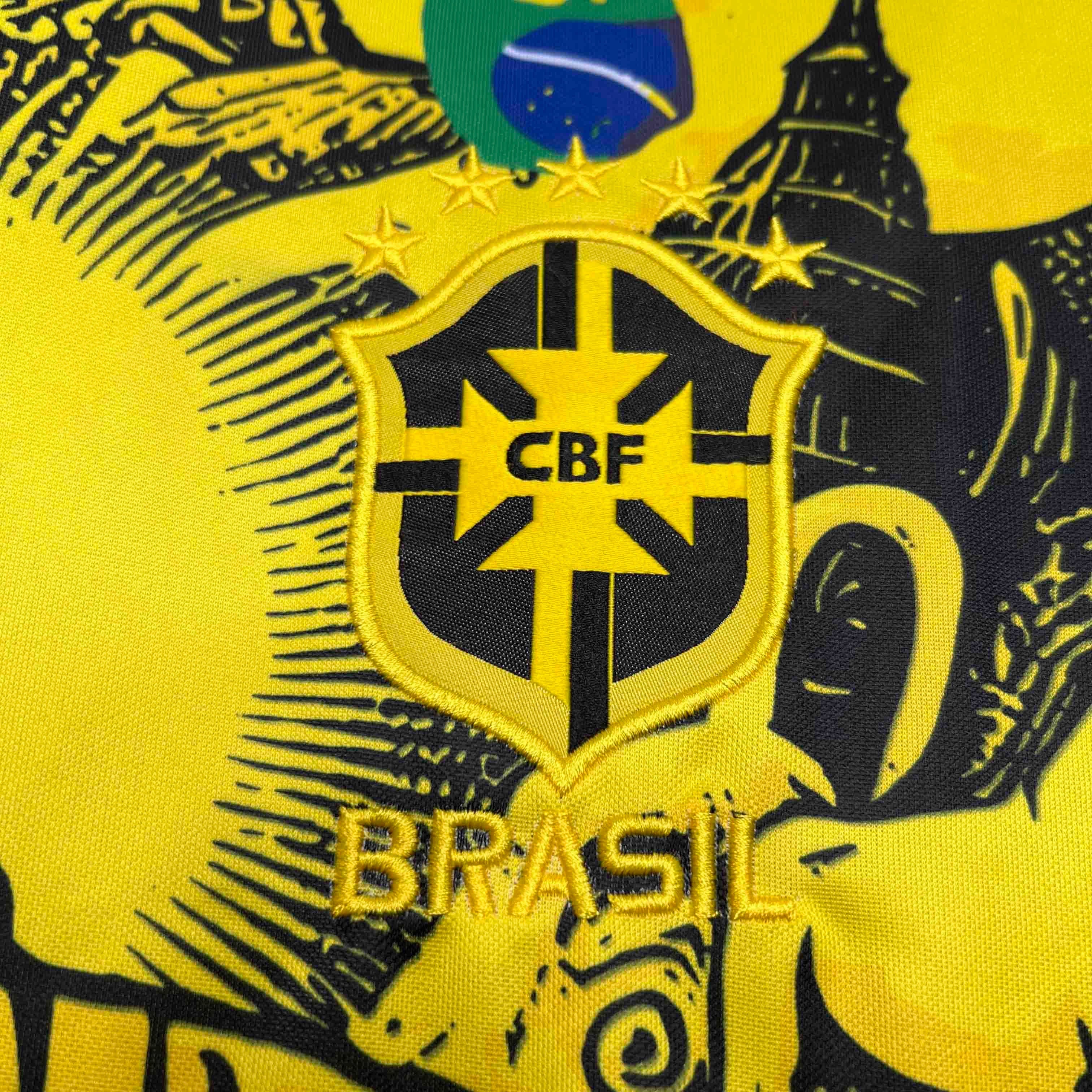 Leazofoot Brazil 2024 concept soccer jersey in yellow and black with embroidered CBF crest and five stars.