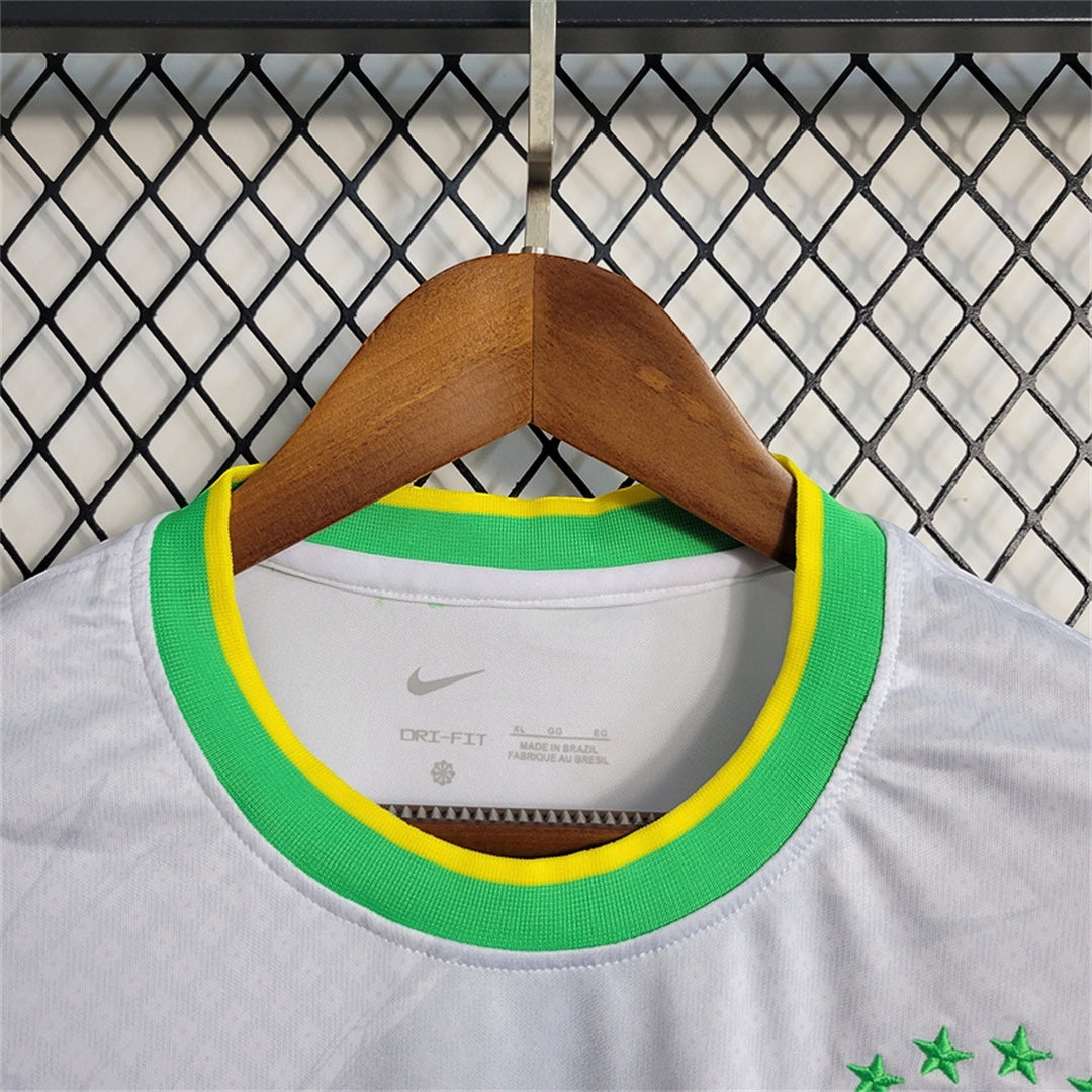 Leazofoot white Brazil 2024 concept soccer jersey with green and yellow ribbed collar and Dri-Fit technology.