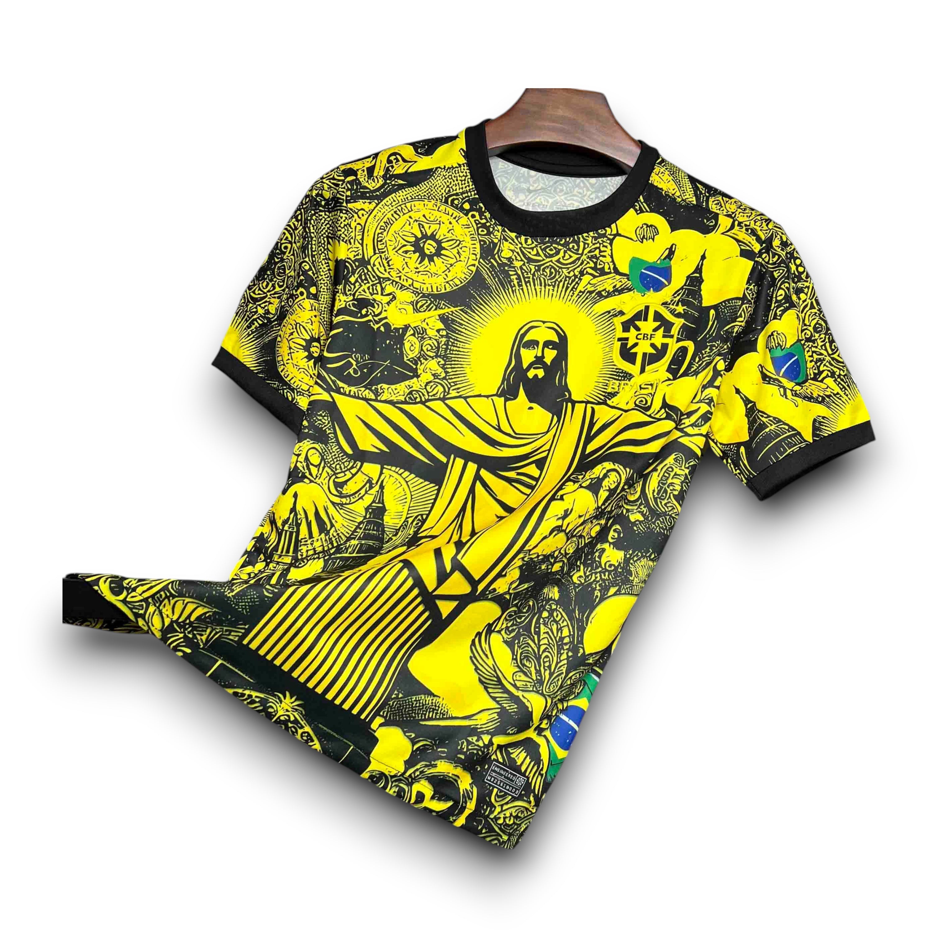 Leazofoot Brazil 2024 concept soccer jersey in yellow and black with Christ the Redeemer graphic print.
