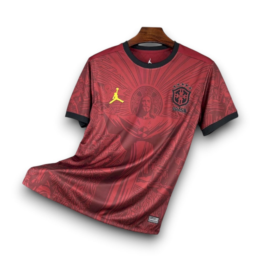 Leazofoot Brazil 2024 concept soccer jersey in deep red with Christ the Redeemer graphic and yellow logo details.