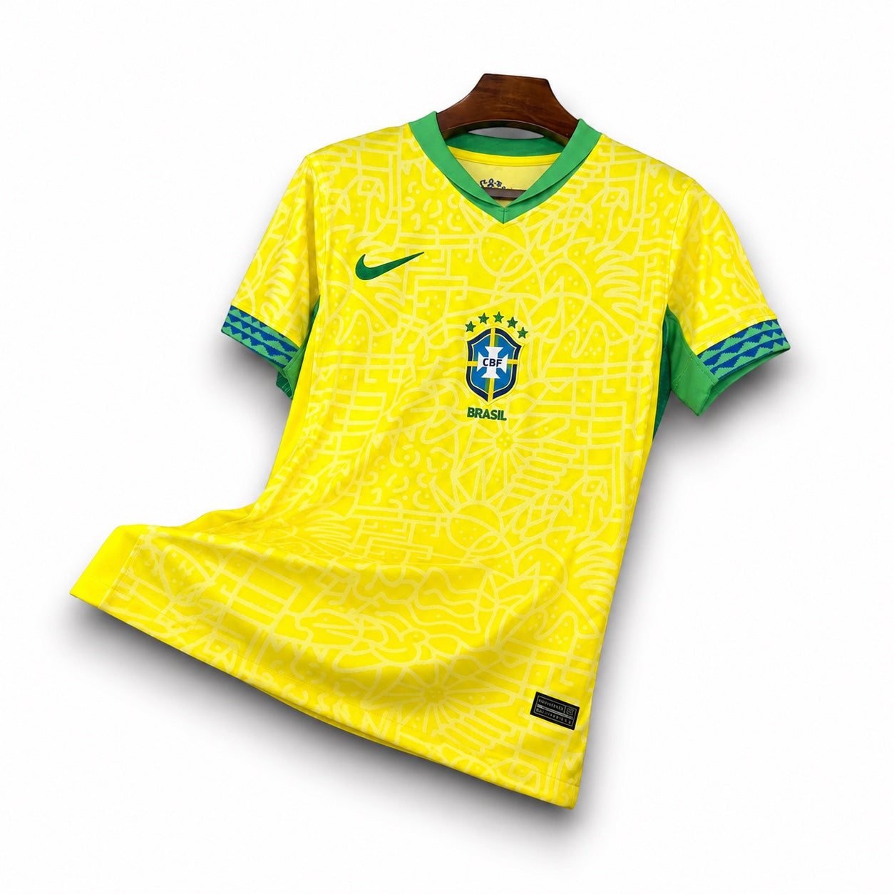 Leazofoot 2024 Brazil home soccer jersey in yellow with green trim and intricate tonal graphic pattern