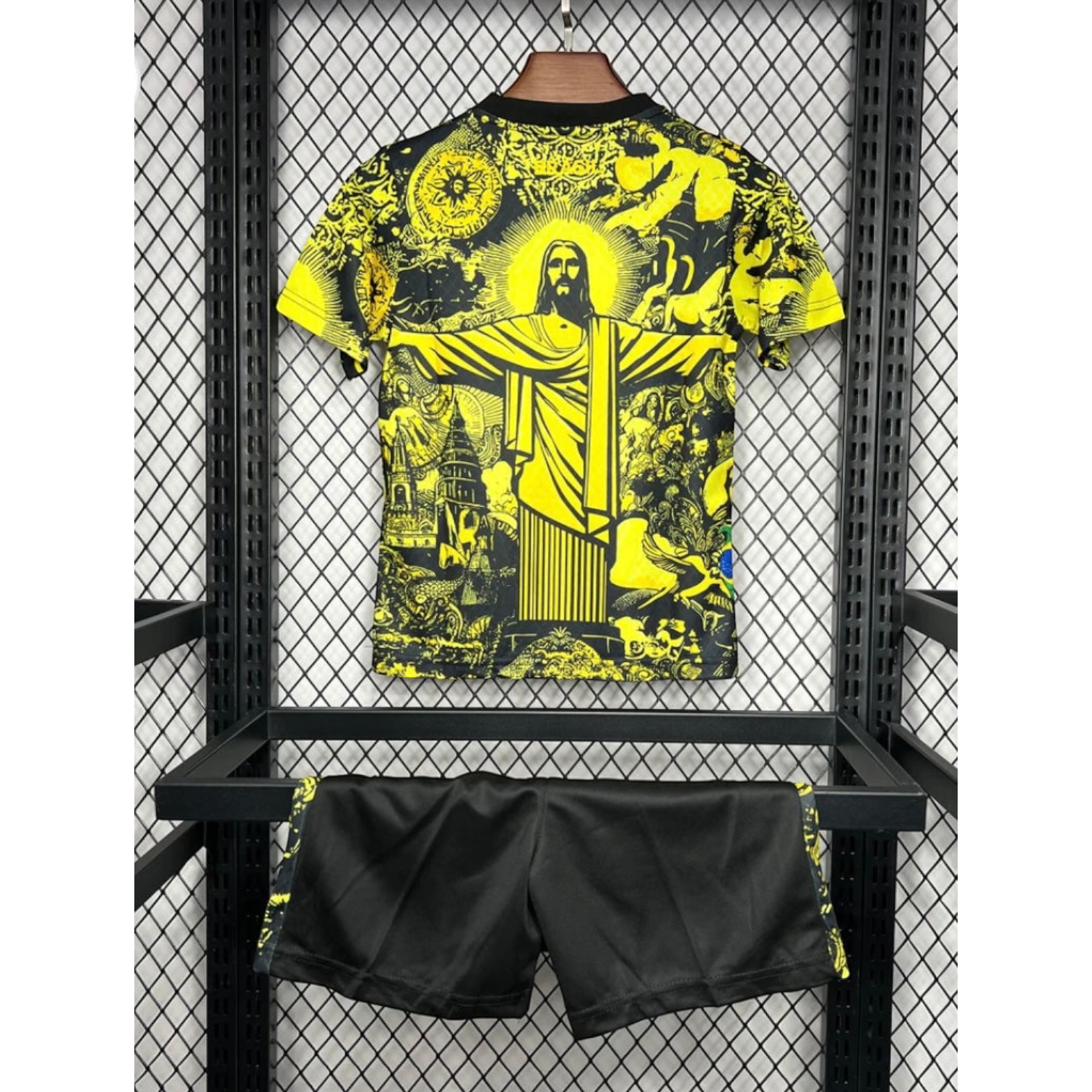 Leazofoot Brazil 2024 kids concept soccer kit featuring a yellow and black Christ the Redeemer graphic print jersey.