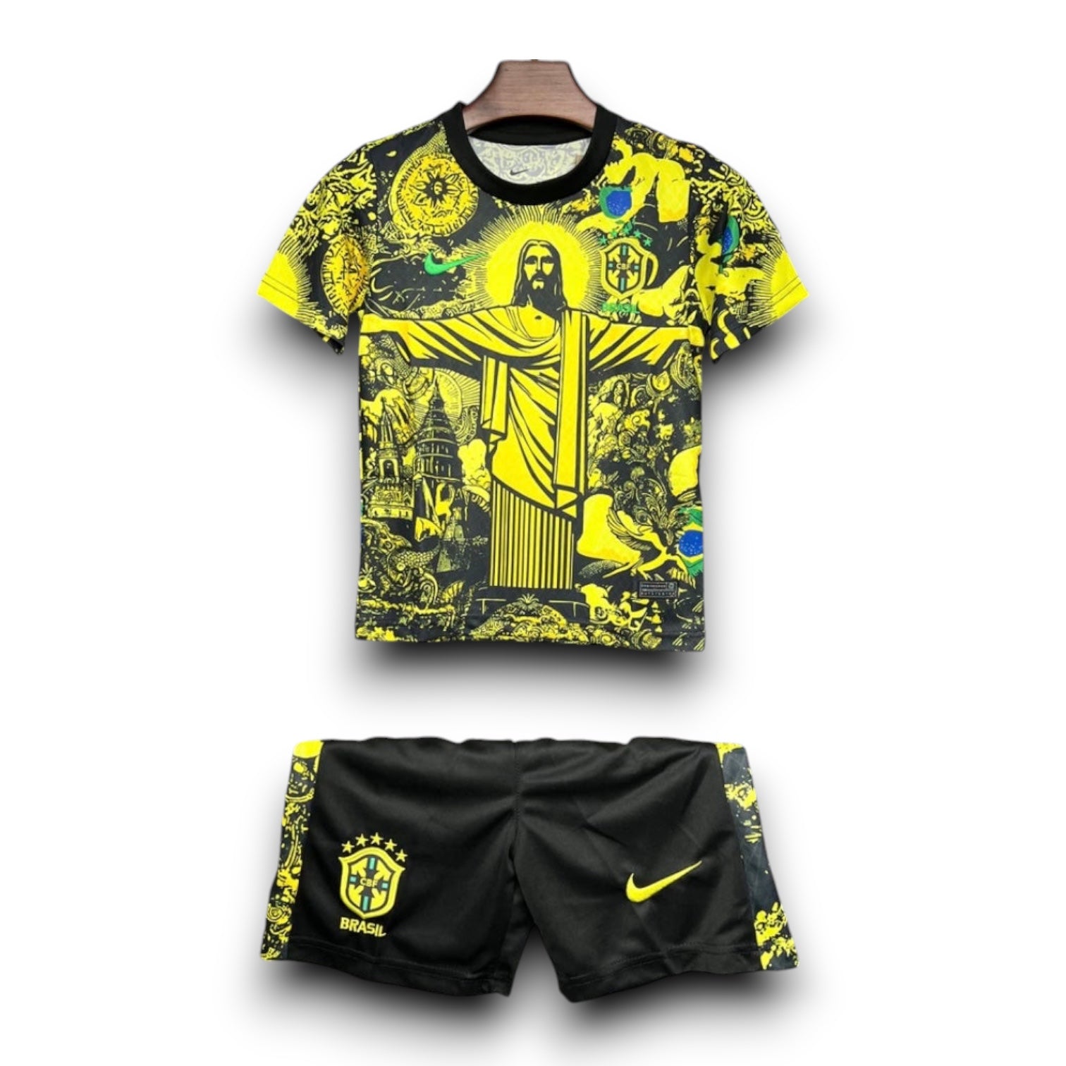 Leazofoot Brazil 2024 kids concept soccer kit featuring a yellow and black jersey with Christ the Redeemer graphic.