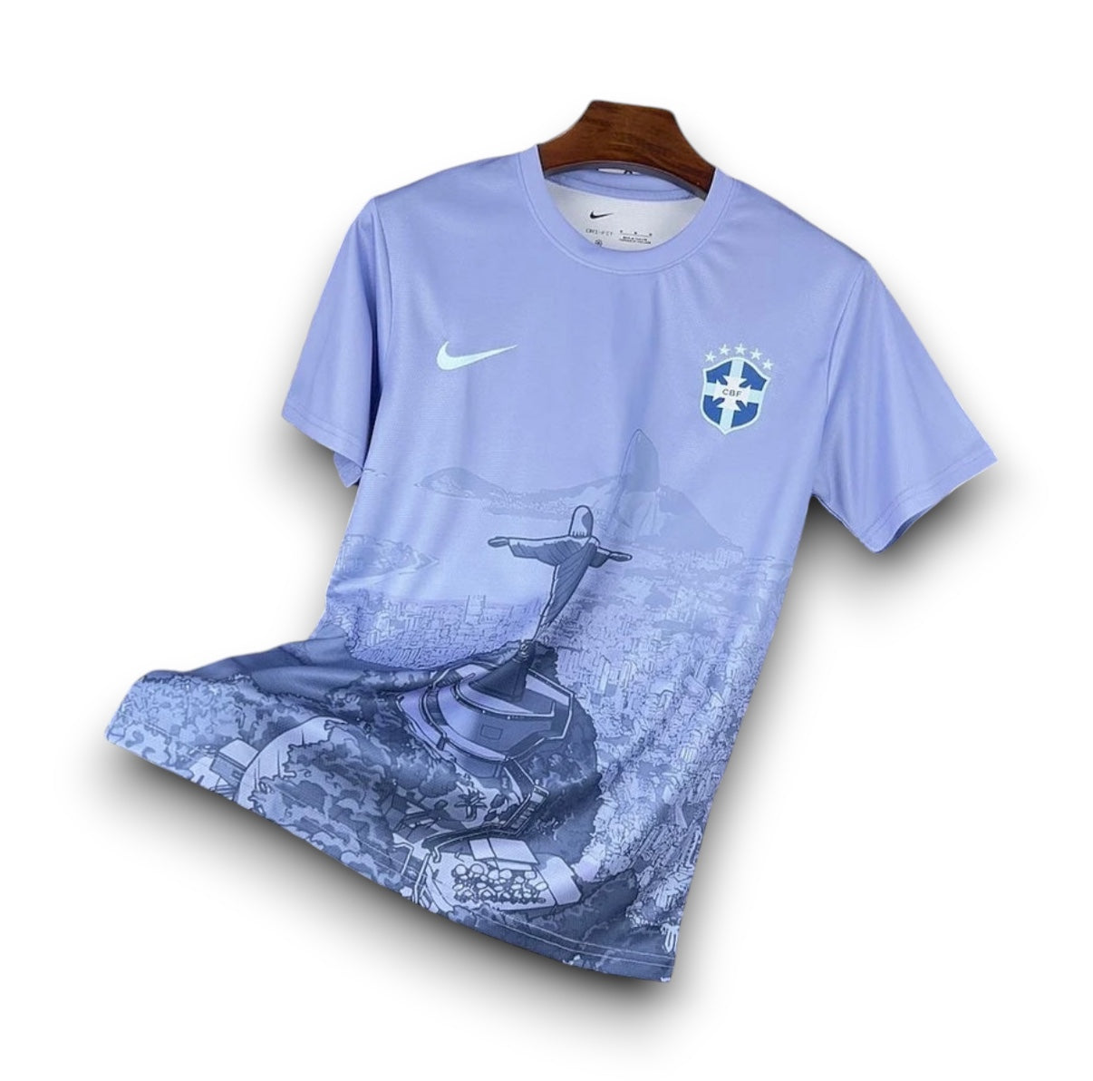 Leazofoot Brazil 2025 concept soccer jersey in light blue with a Christ the Redeemer graphic print and CBF crest.