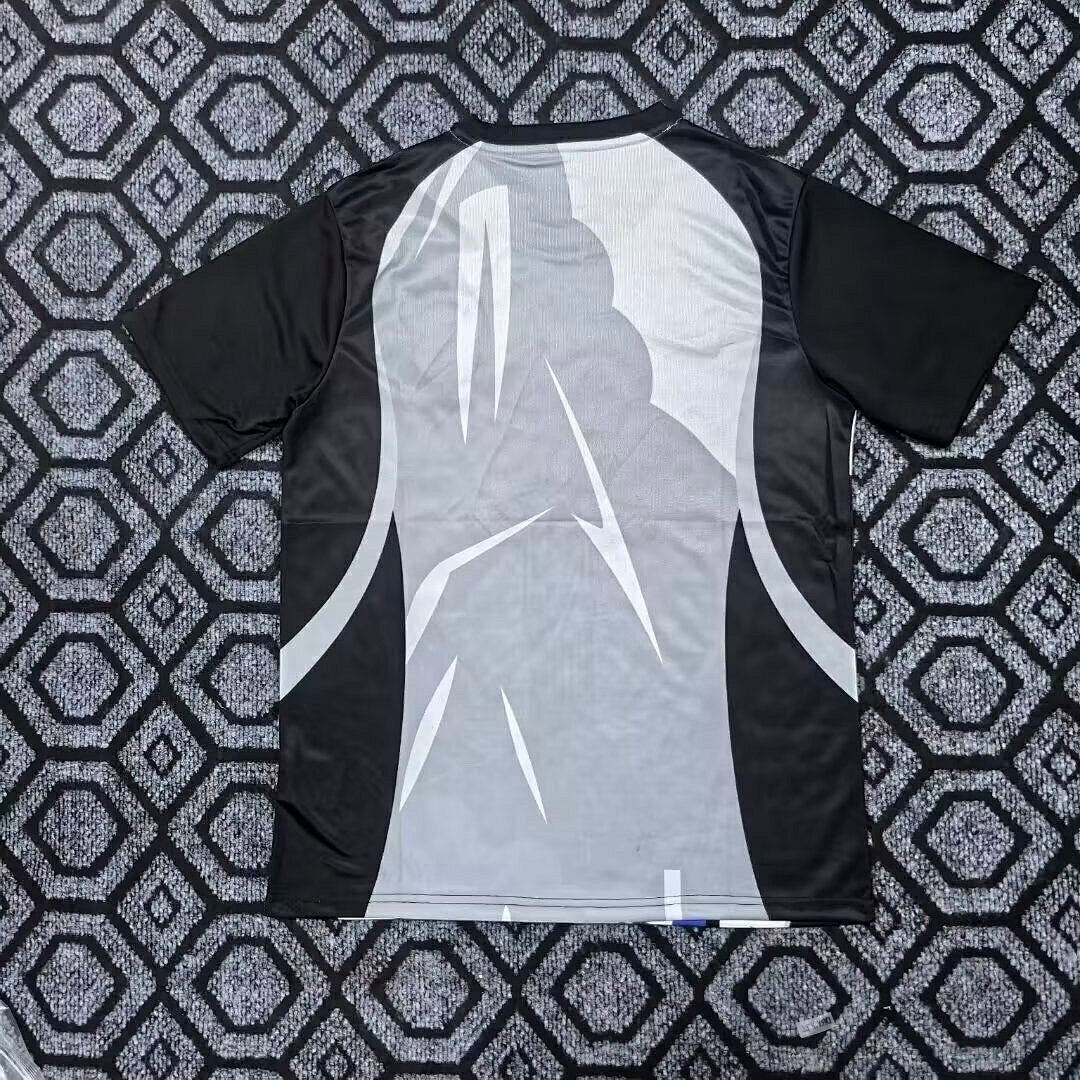 Leazofoot Brazil 2026 Jesus concept soccer jersey in black and grey with abstract graphic design on the back.