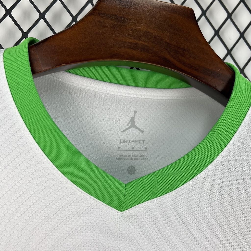 Leazofoot white Brazil 2026 concept soccer jersey with green V-neck collar and Dri-FIT technology