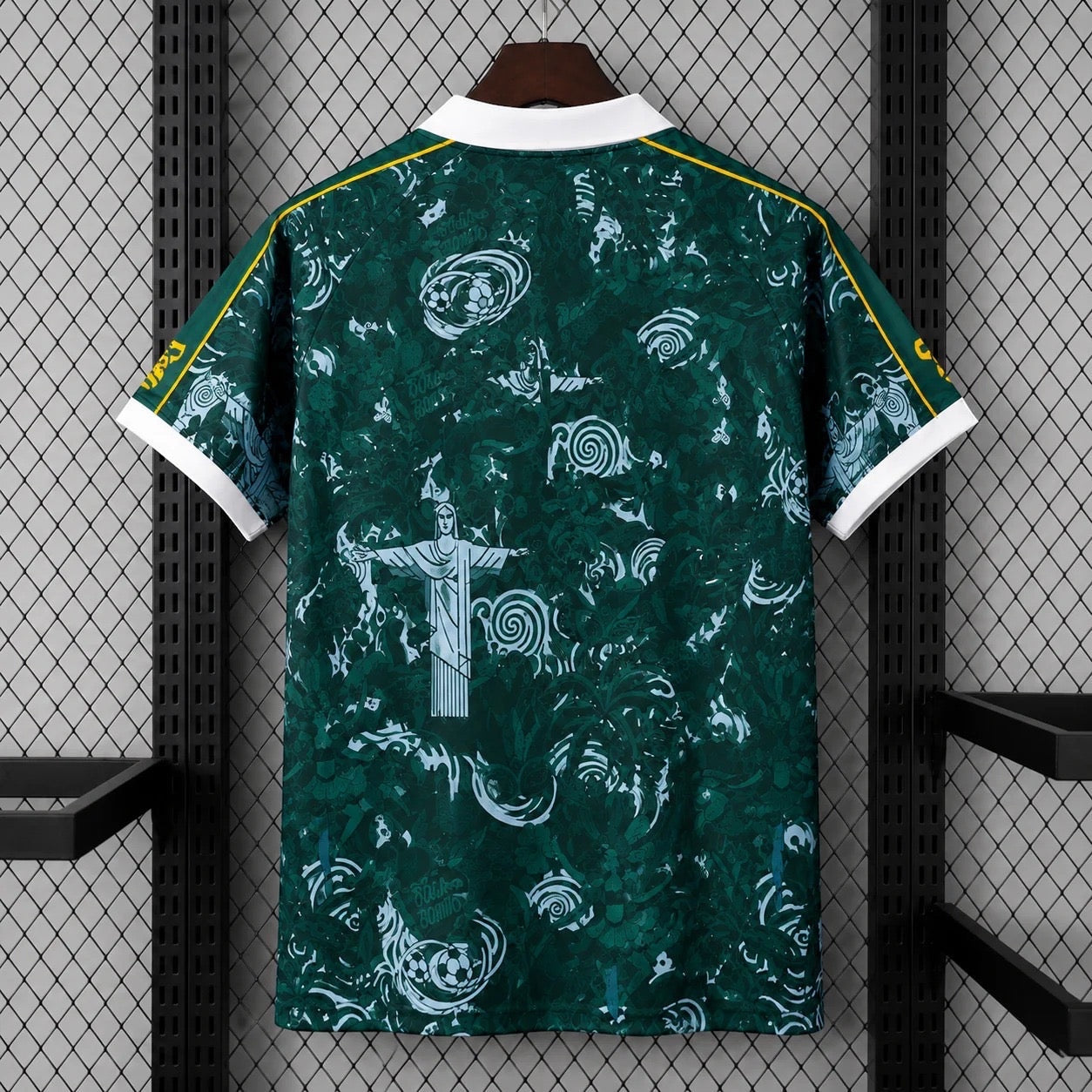 Leazofoot 2026 Brazil concept soccer jersey in green with white Christ the Redeemer graphic and abstract patterns.