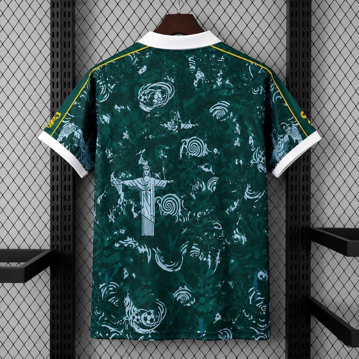 Leazofoot 2026 Brazil concept soccer jersey in green with white Christ the Redeemer graphic and abstract patterns.
