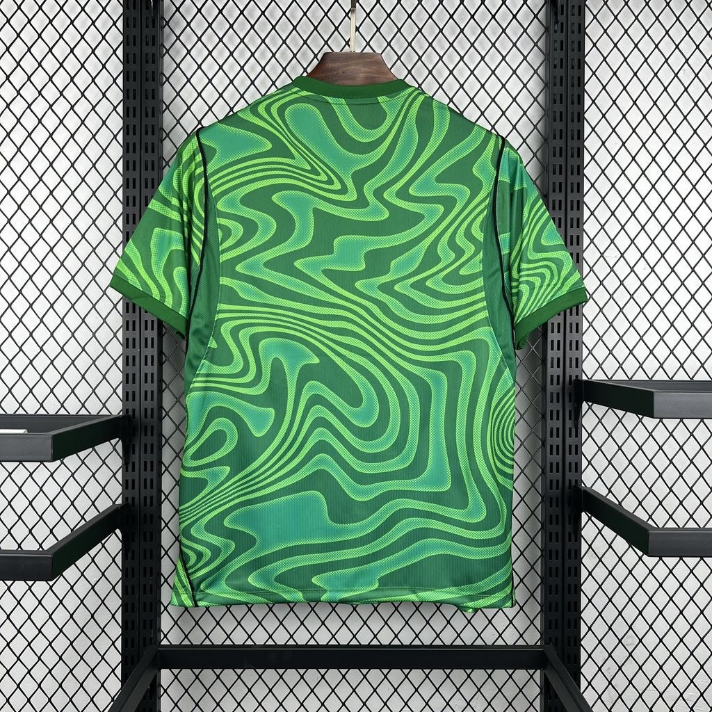 Leazofoot Brazil 2026 goalkeeper jersey in vibrant green with a swirling abstract graphic pattern on the back.