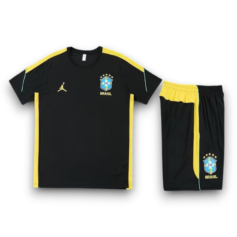 Leazofoot Brazil 2026 training kit featuring a black t-shirt and shorts with yellow accents and team crests.