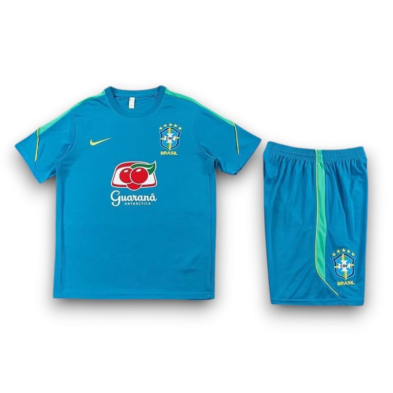 Leazofoot Brazil 2026 training kit in blue with green accents, featuring the CBF crest and Guarana Antarctica logo.