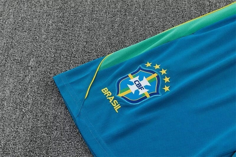 Leazofoot Brazil 2026 training shorts in blue with green side stripe and CBF team crest