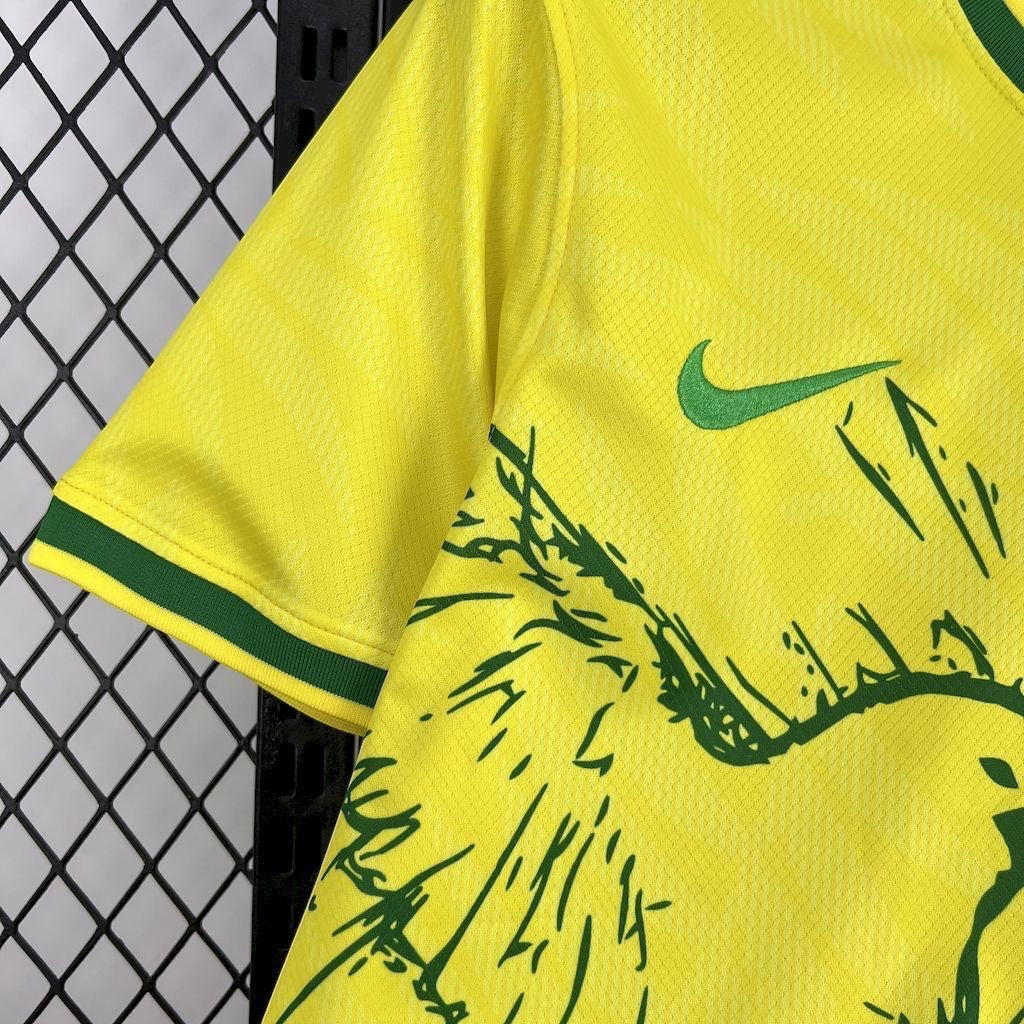 Leazofoot Brazil 23/24 yellow football jersey with green Nike swoosh and abstract graphic pattern