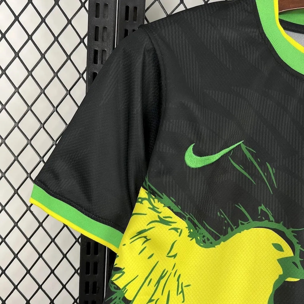 Leazofoot Brazil 24/25 player edition soccer jersey in black with yellow and green graphic details.