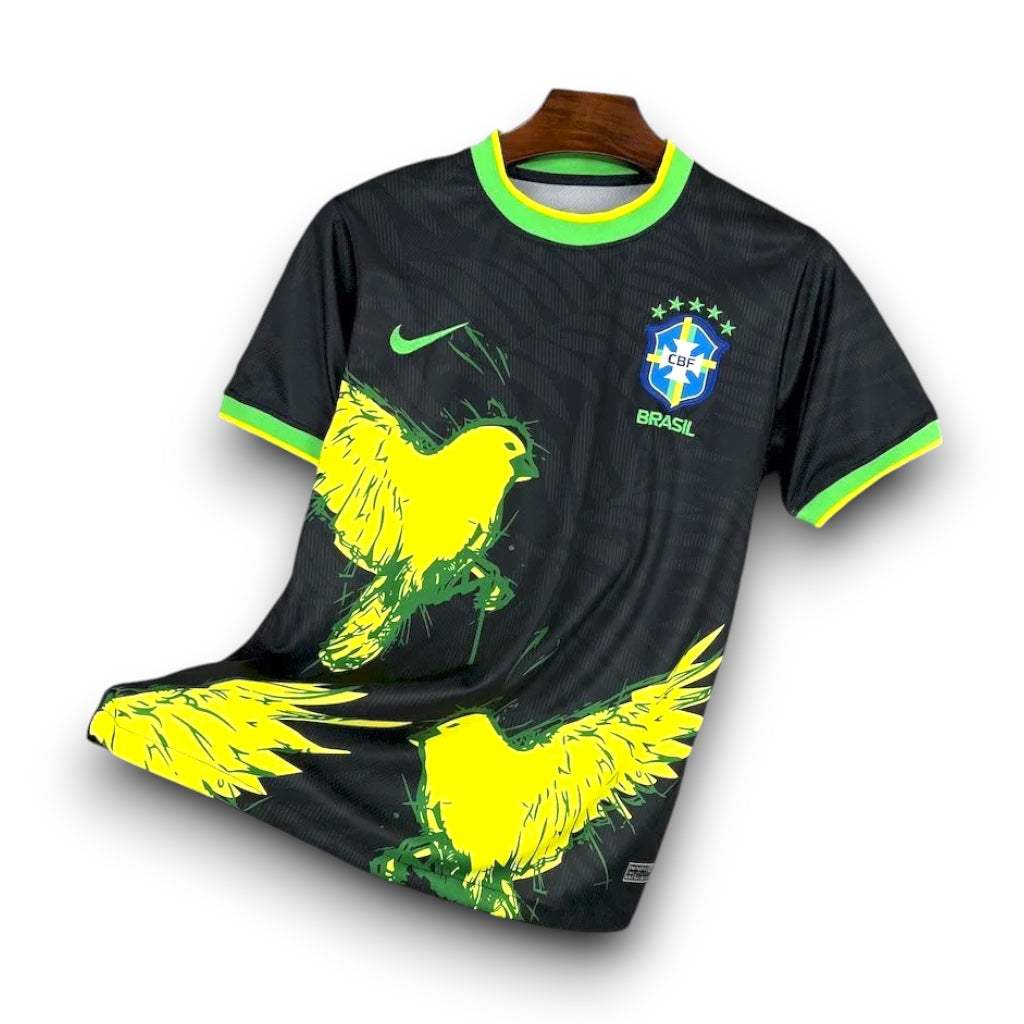 Leazofoot Brazil 24/25 player jersey in black with yellow bird graphics, green trim, and CBF crest.