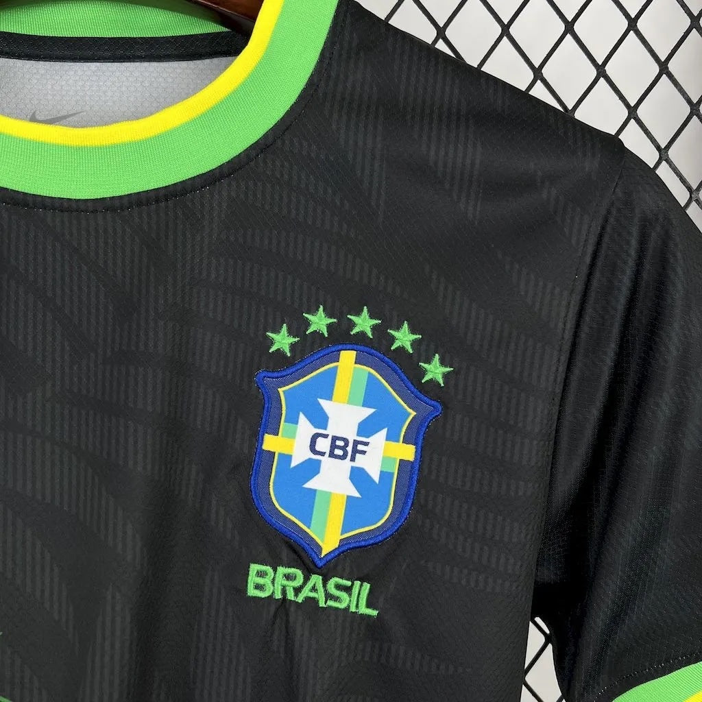 Leazofoot Brazil 24/25 player edition soccer jersey in black with green and yellow collar and CBF crest.