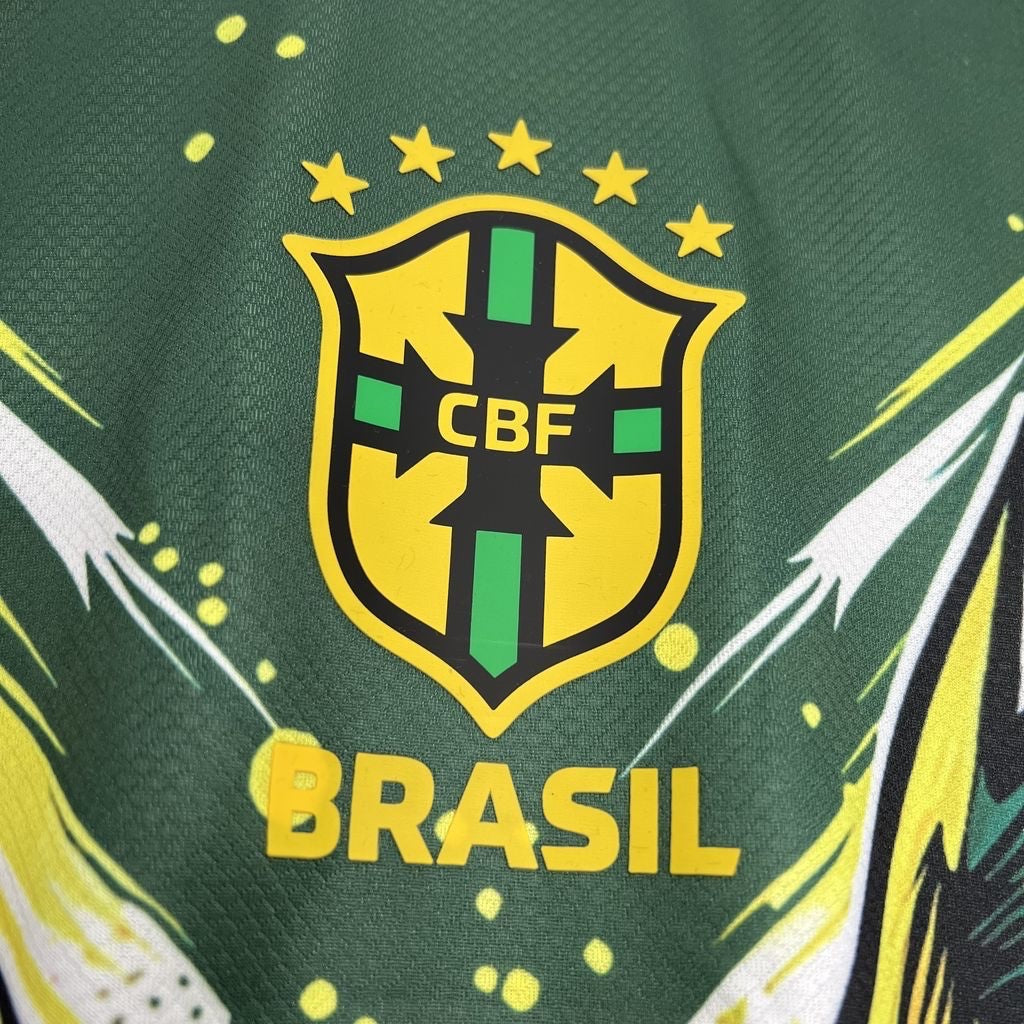 Leazofoot 24/25 Brazil special edition soccer jersey featuring the CBF crest and Brasil text on a green patterned fabric