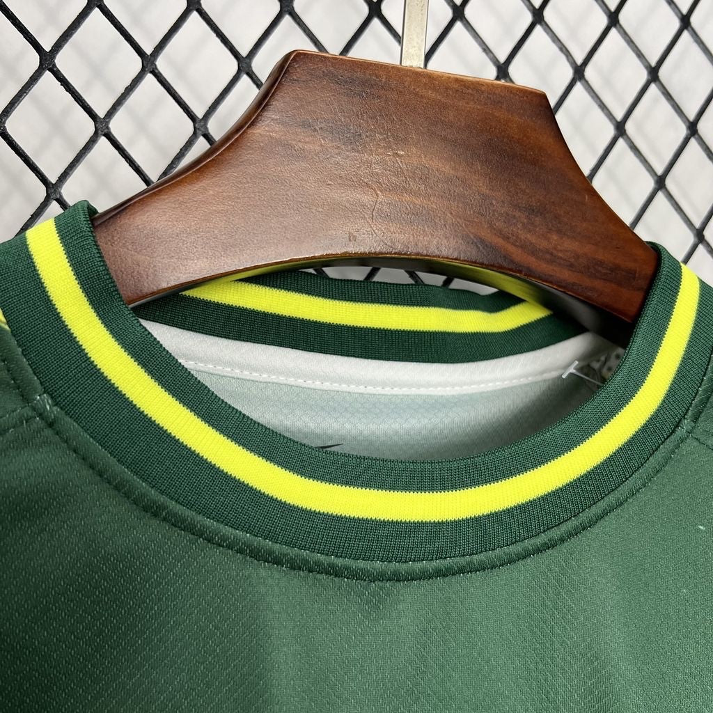 Leazofoot Brazil 24/25 special edition soccer jersey featuring a green crew neck with yellow and green striped trim.
