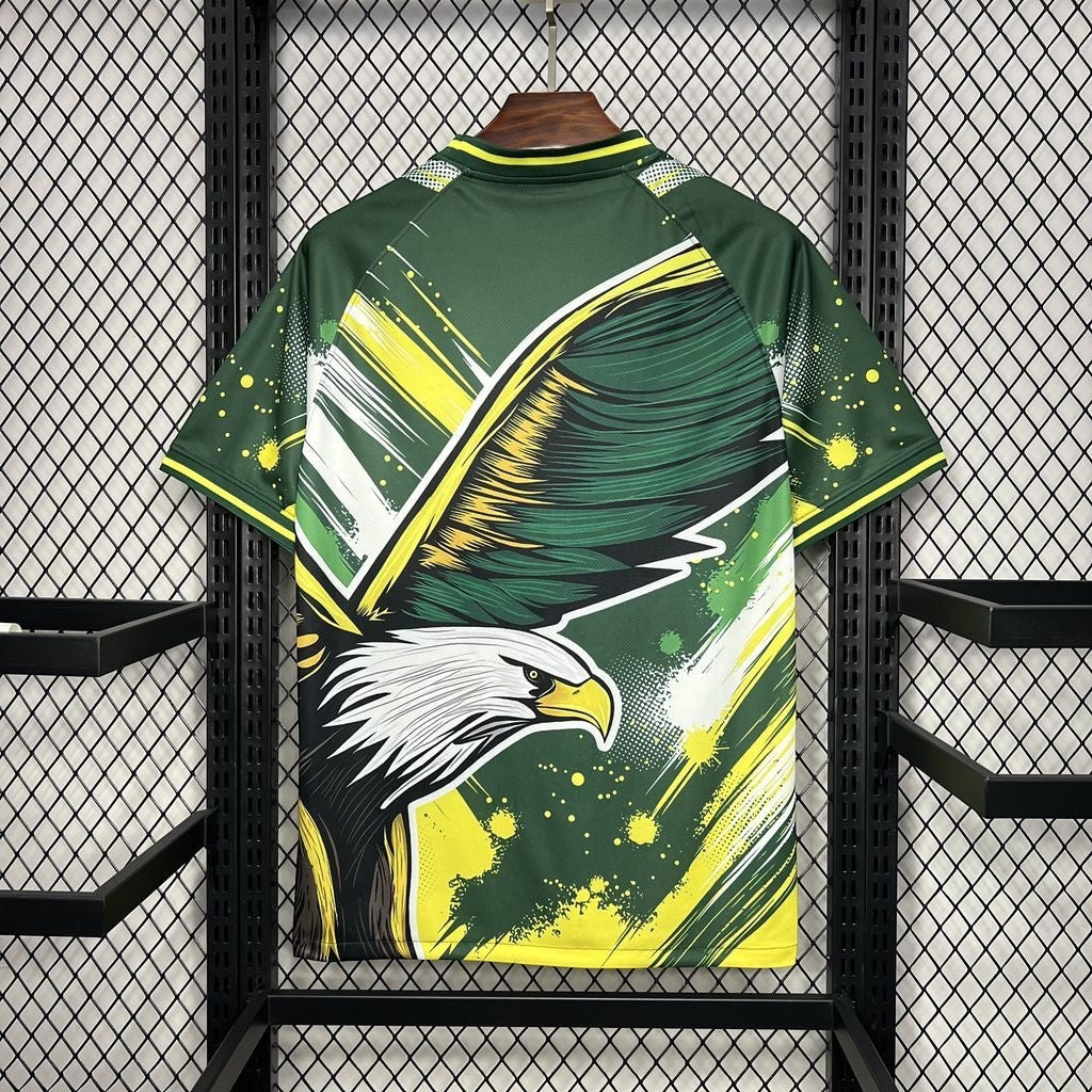 Leazofoot Brazil 24/25 special edition soccer jersey in green and yellow with a large eagle graphic print.