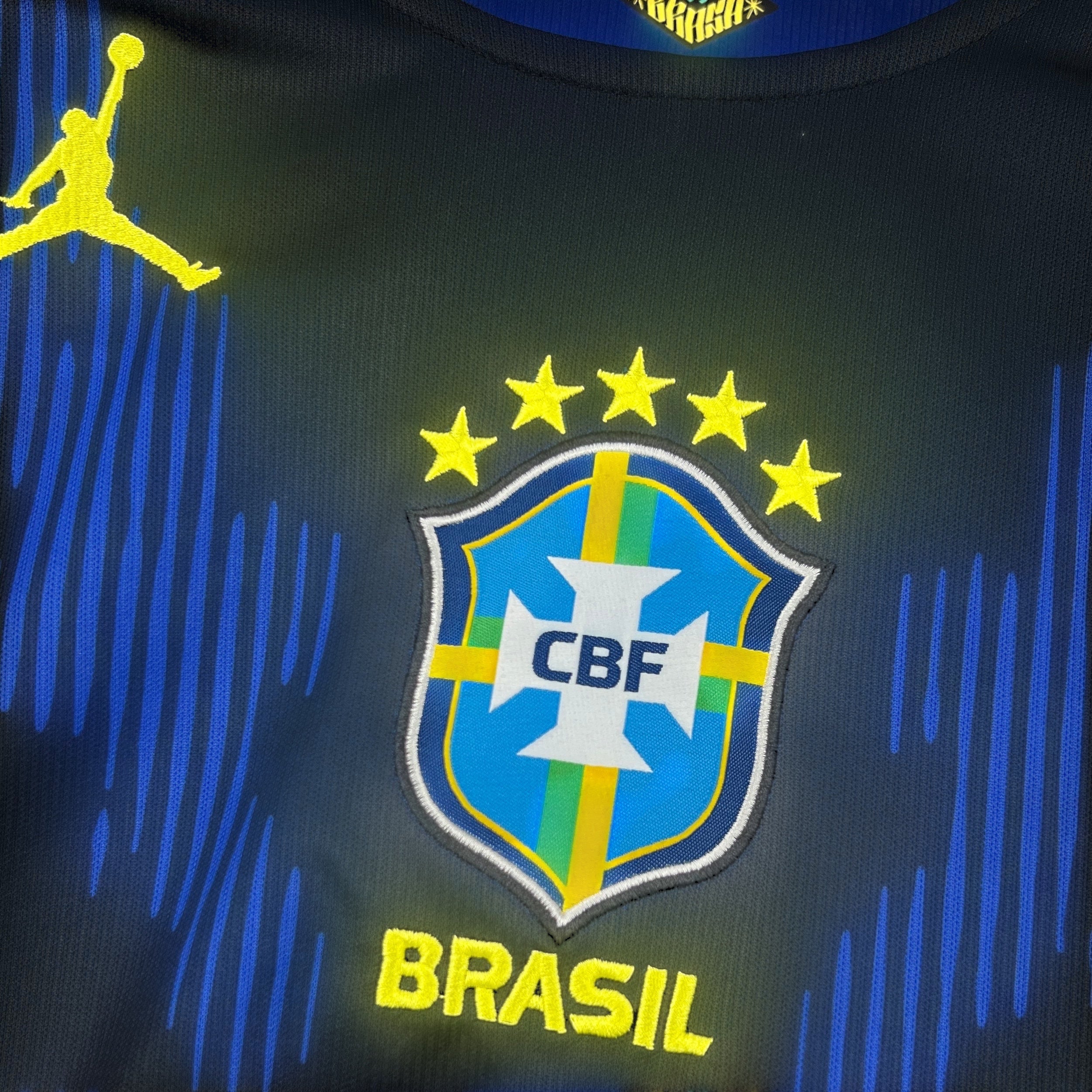 Leazofoot Brazil long sleeve football jersey with CBF crest and yellow stars. Black with blue graphic pattern.