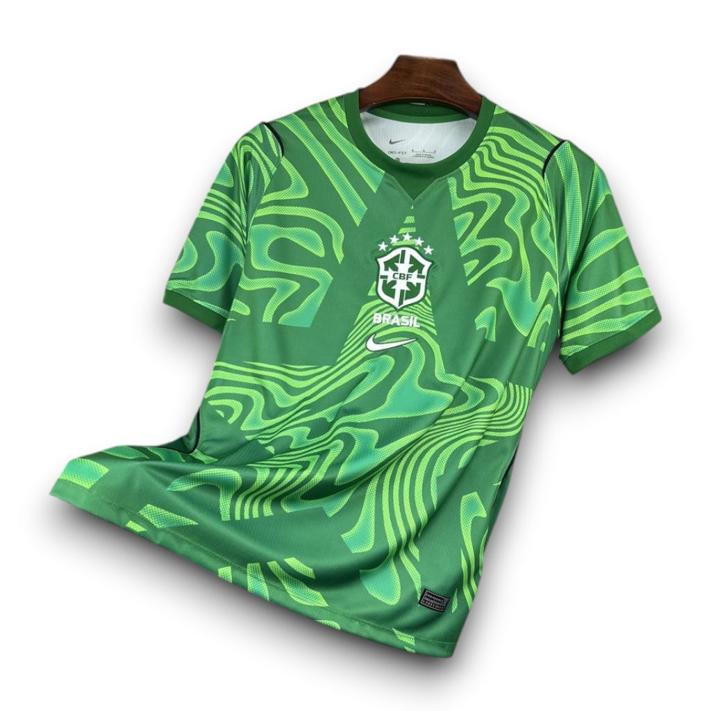 Leazofoot Brazil 2026 goalkeeper jersey in vibrant green with a wavy graphic pattern and CBF team crest.