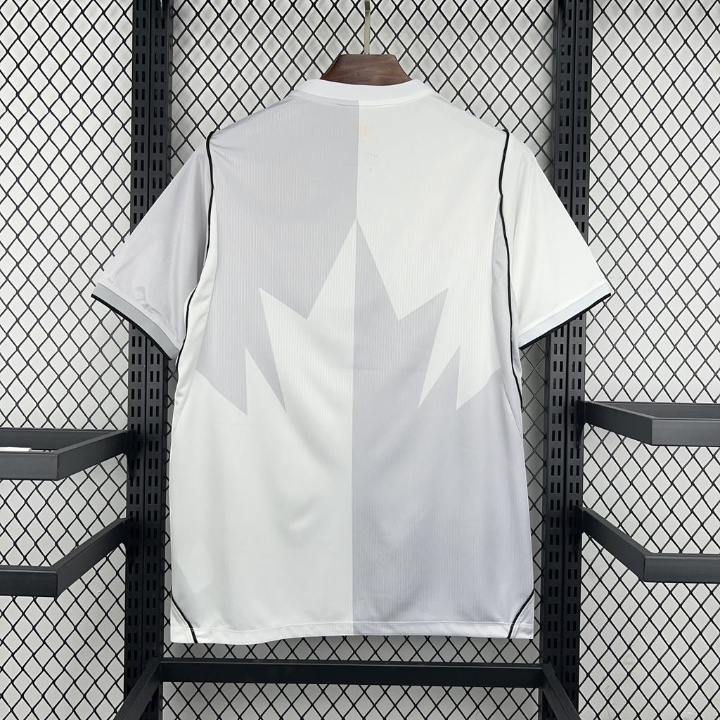 Leazofoot Canada 2026 third soccer jersey in white and grey with a subtle maple leaf graphic and black trim.
