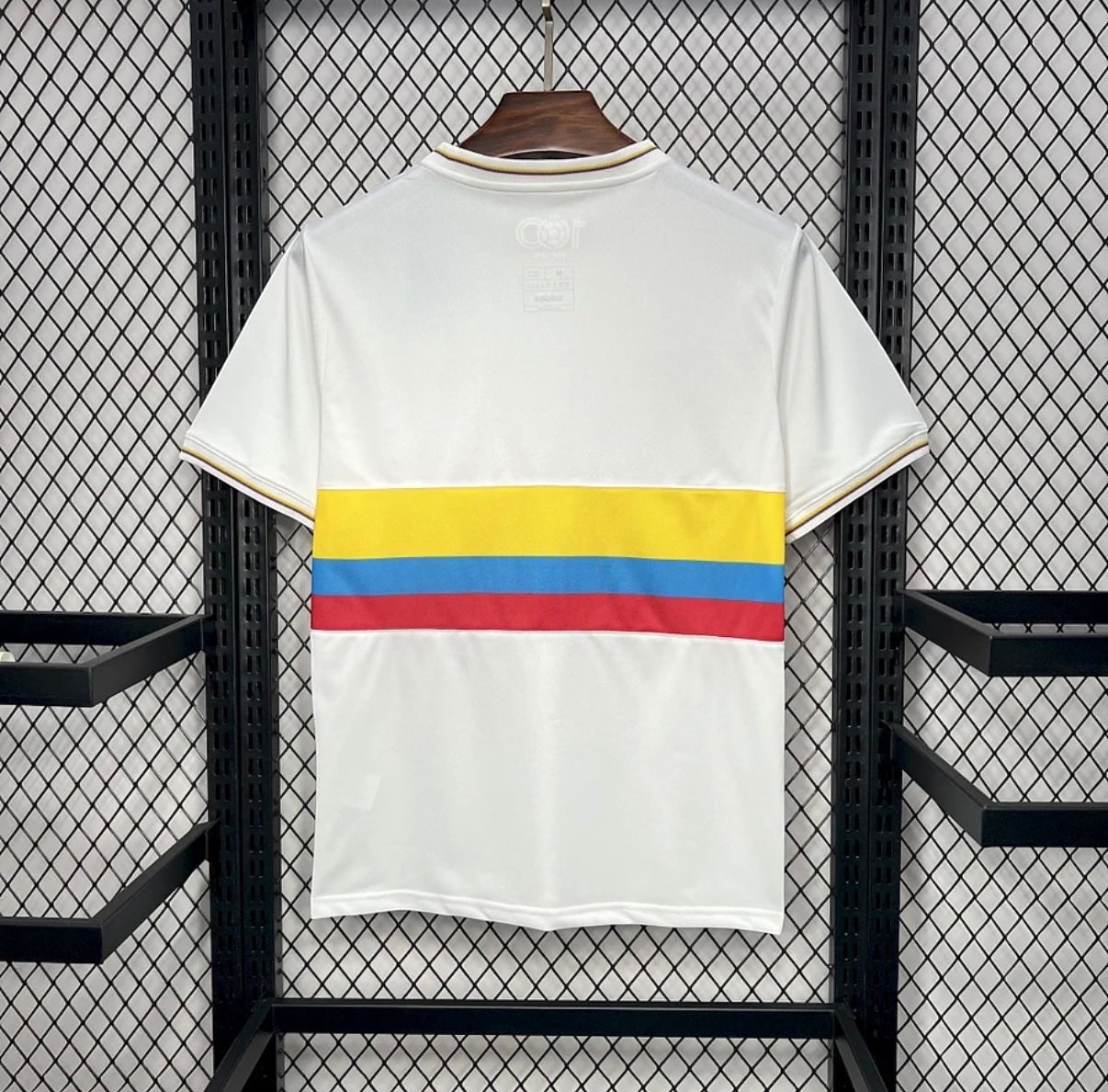 Leazofoot Colombia 100th anniversary special edition white soccer jersey with yellow, blue, and red chest stripes.