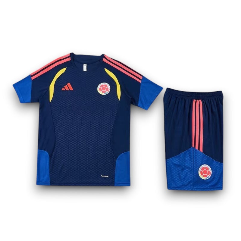 Leazofoot Colombia 2026 training kit featuring a navy blue jersey with red stripes and matching athletic shorts