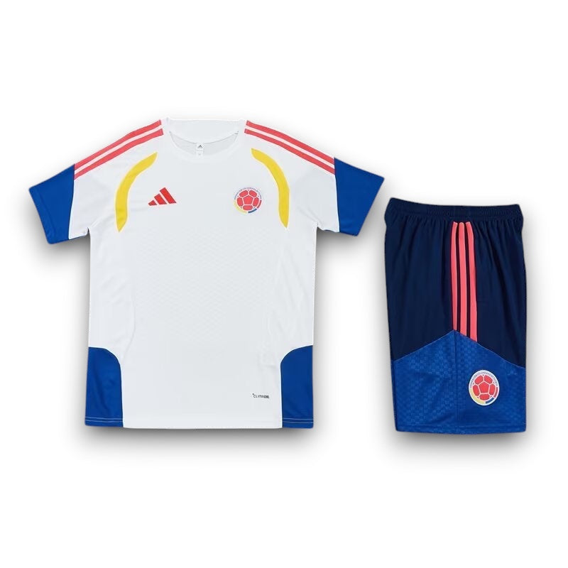 Leazofoot Colombia 2026 training kit featuring a white jersey with blue and yellow accents and matching blue shorts.