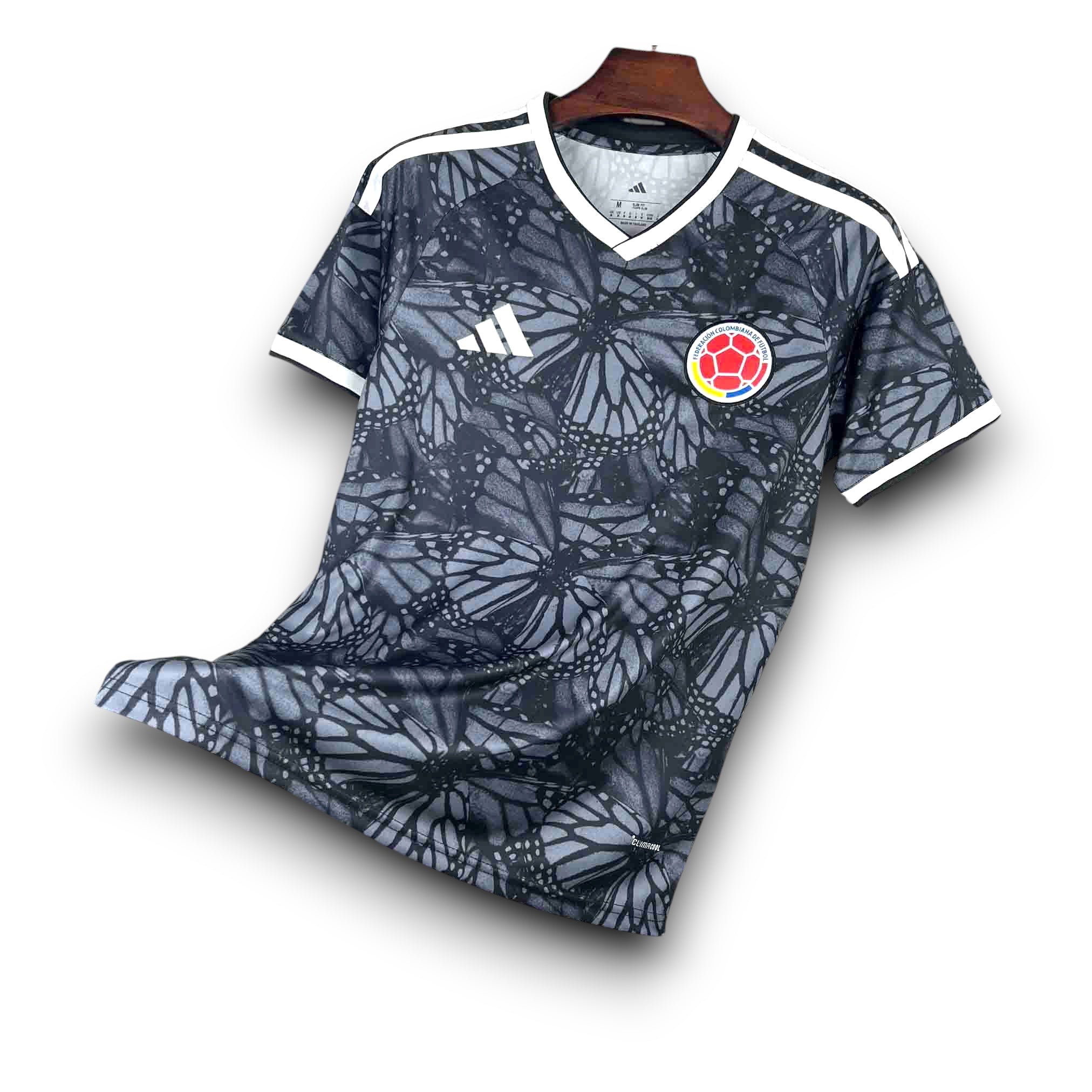 Leazofoot Colombia goalkeeper jersey 2026 with a black and grey butterfly print and white trim.