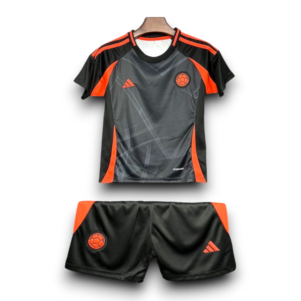 Leazofoot Colombia 2024 kids home kit in black and orange with team crest and athletic performance fabric.