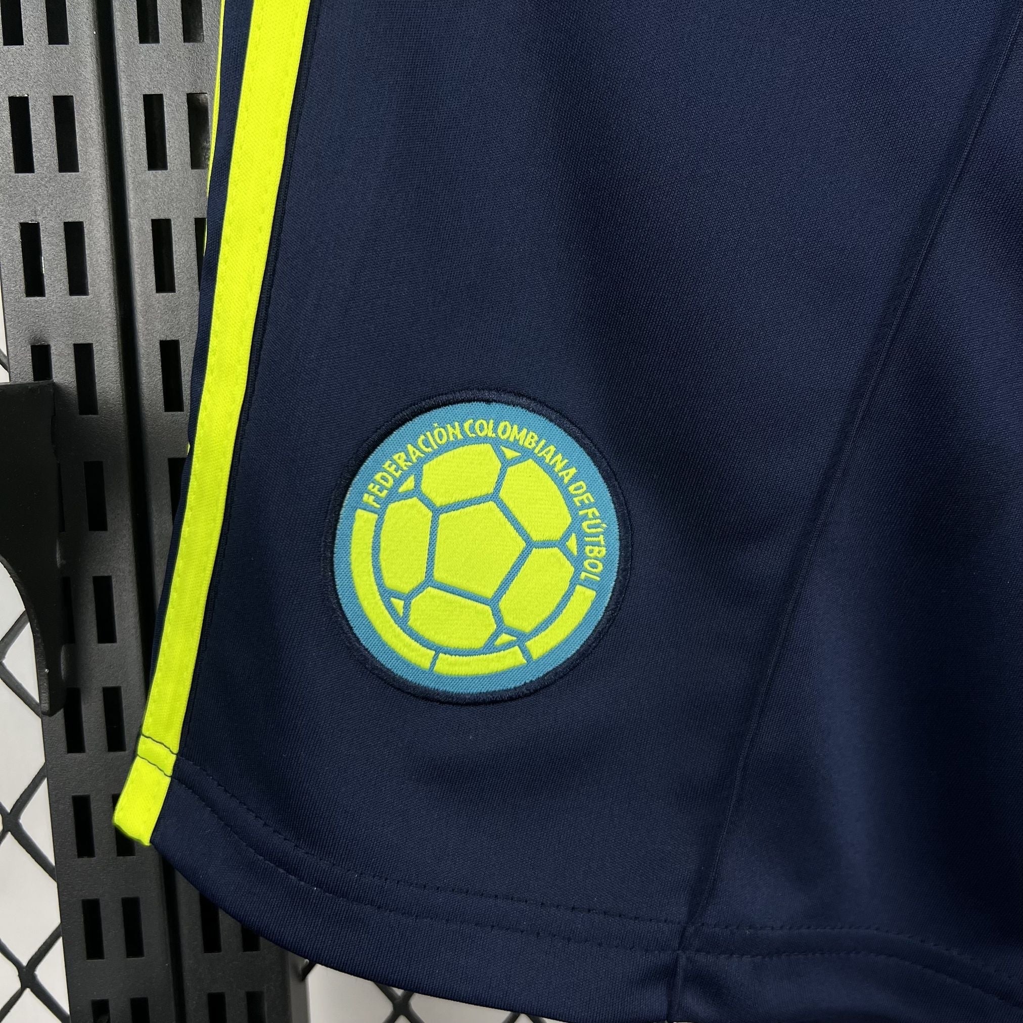 Leazofoot navy blue soccer shorts with yellow trim and Colombia crest