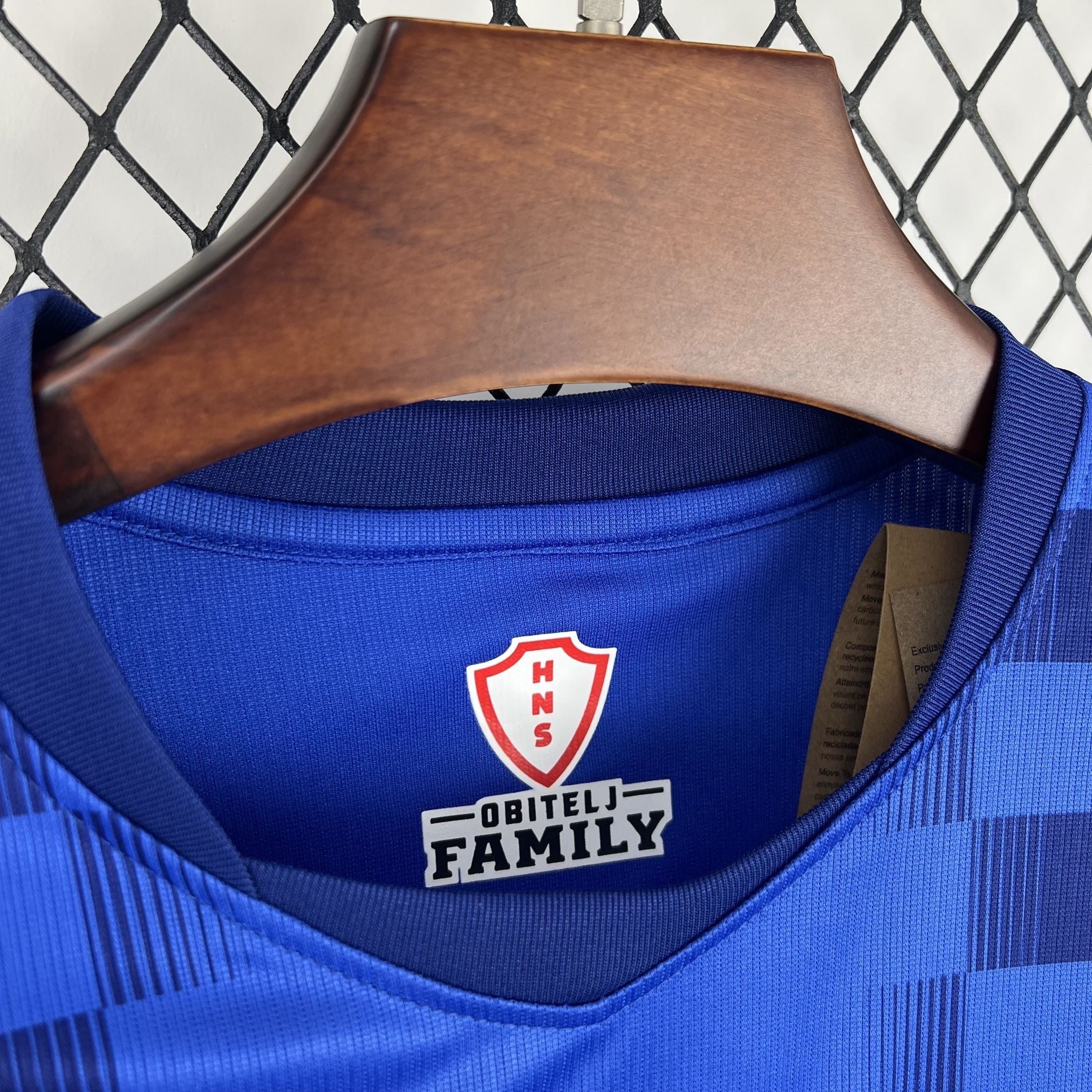 Leazofoot blue Croatia 2026 away jersey with checkered pattern and HNS OBITELJ FAMILY logo